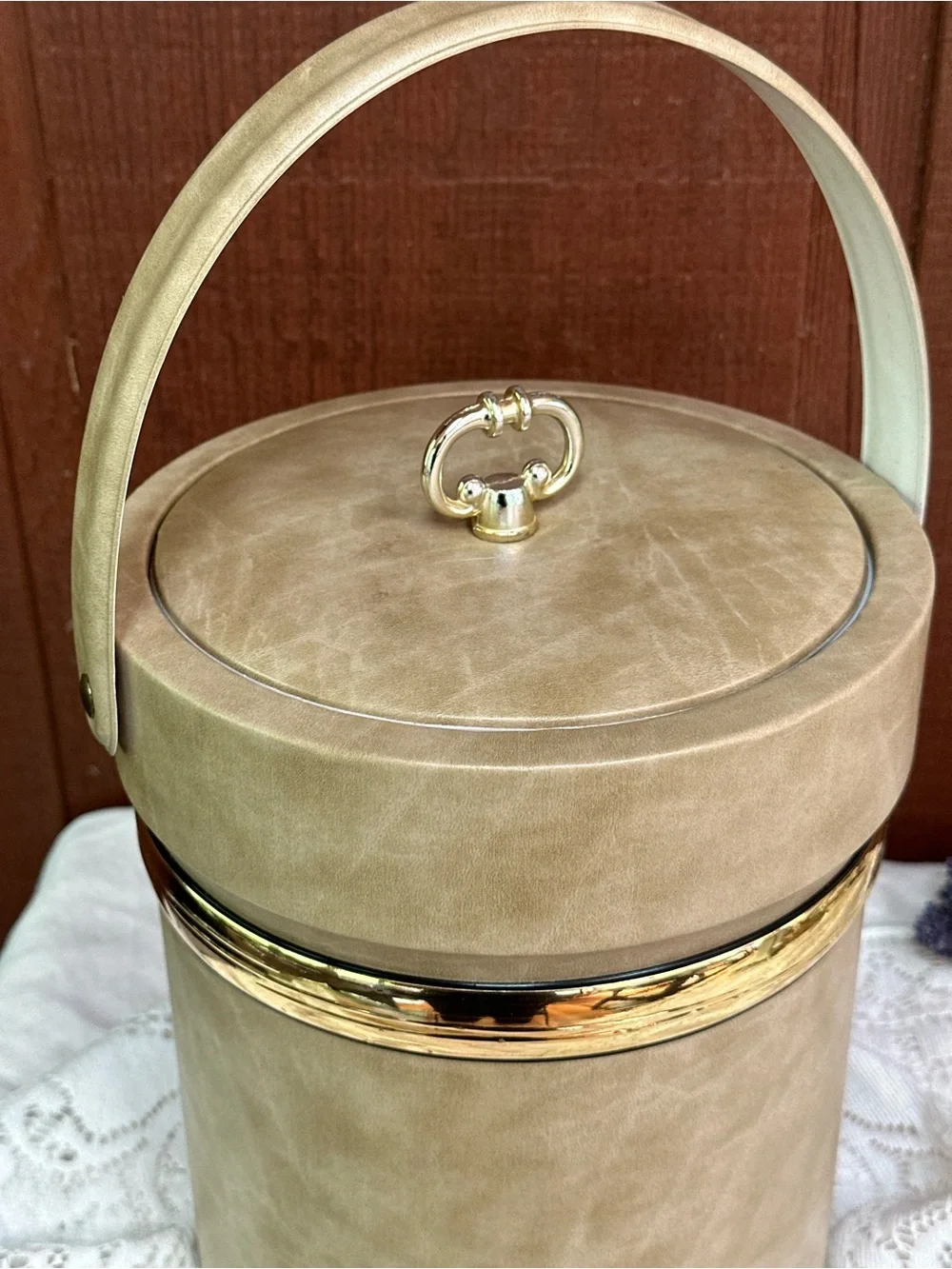Vintage Shelton Ware Mid Century Ice Bucket Tan Faux Leather Gold Trim